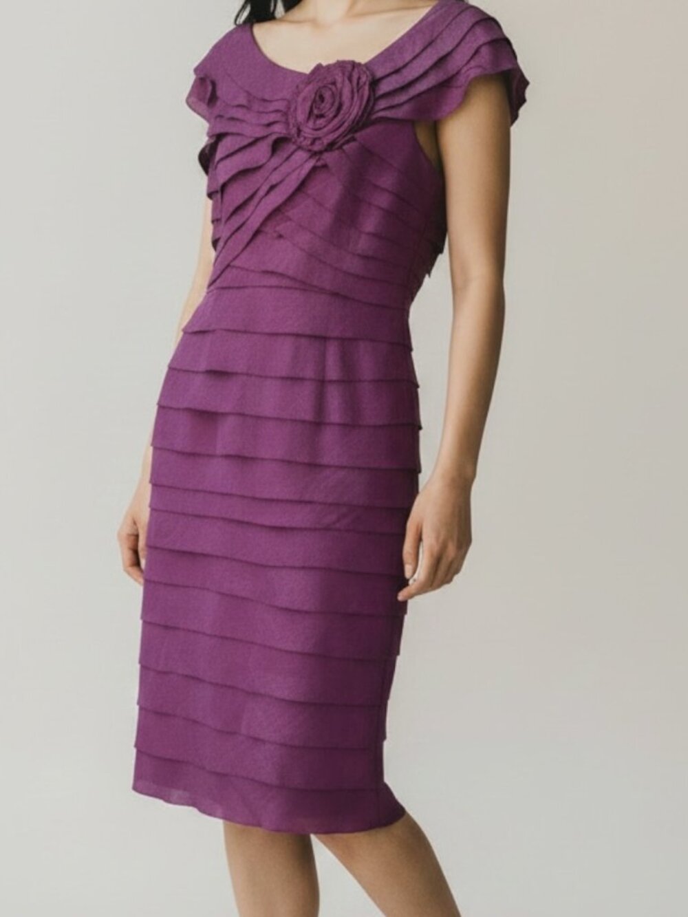 London Times Purple Tiered Ruffle Shutter Pleat Rosette Cocktail Midi Dress 4